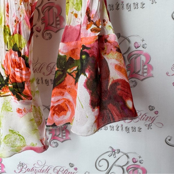 Sunny Leigh blouse ruffle frill hem bell bottom sleeve cuffs floral pleated luxe - Picture 4 of 14